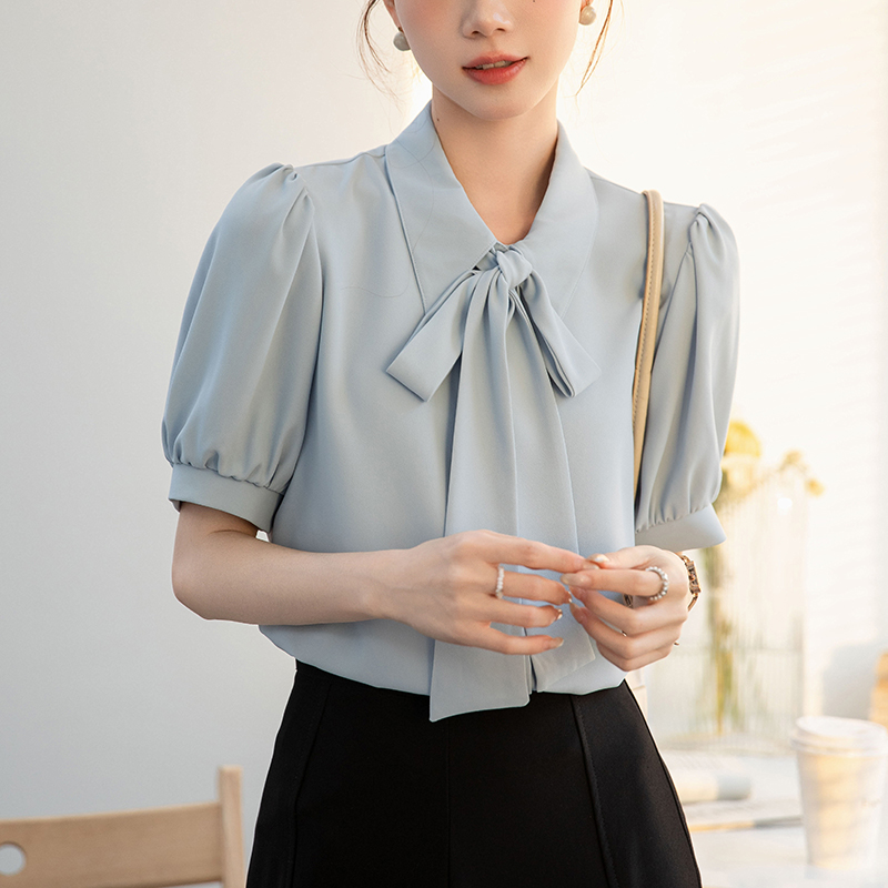 優雅蝴蝶結泡泡短袖襯衫(2色)