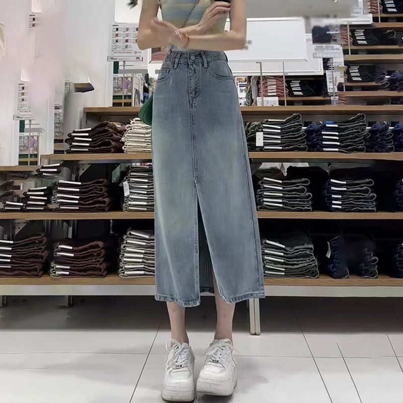 高腰開叉天絲牛仔A字裙(2色)