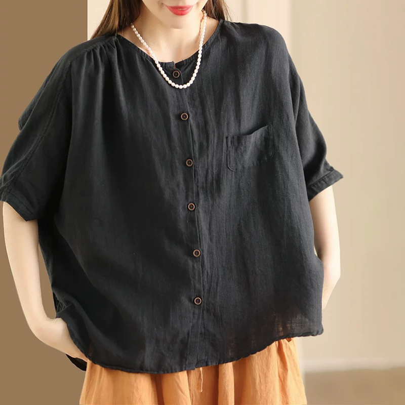 亞麻寬鬆圓領五分袖襯衫(5色)