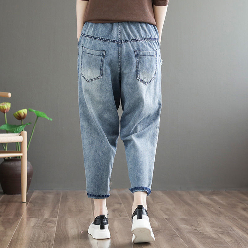 復古做舊刺綉休閒九分牛仔褲