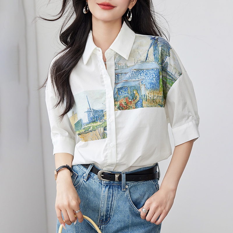 設計感印花短袖襯衫