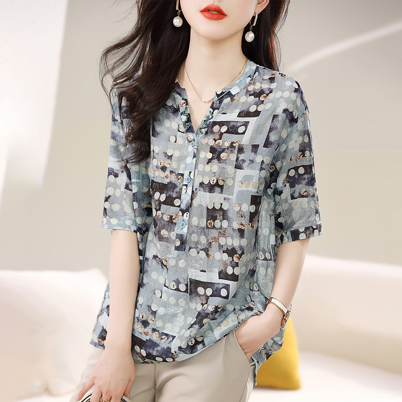 復古藍綠波點配色襯衫