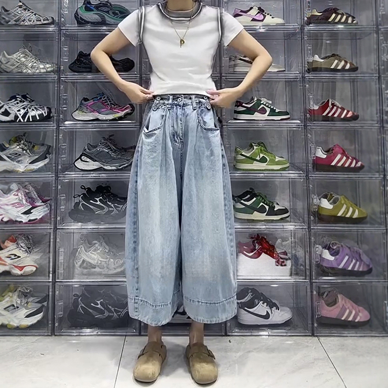 大碼梨形寬鬆百搭闊腿牛仔褲(2色)