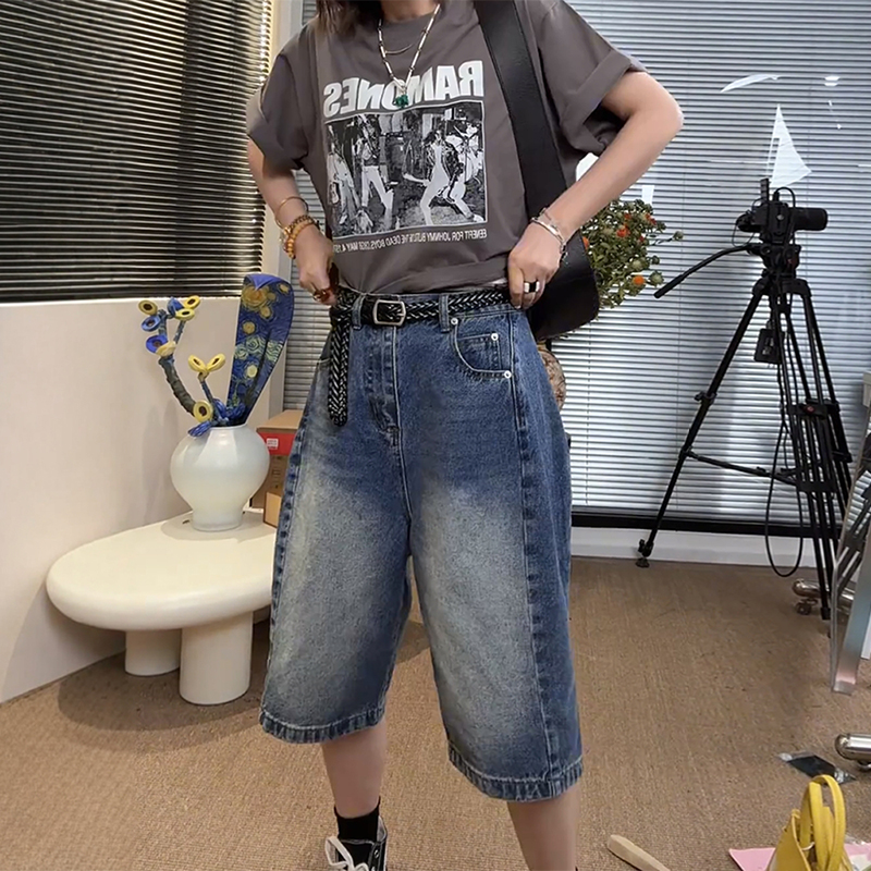 高腰休閒寬鬆五分寬腿牛仔短褲