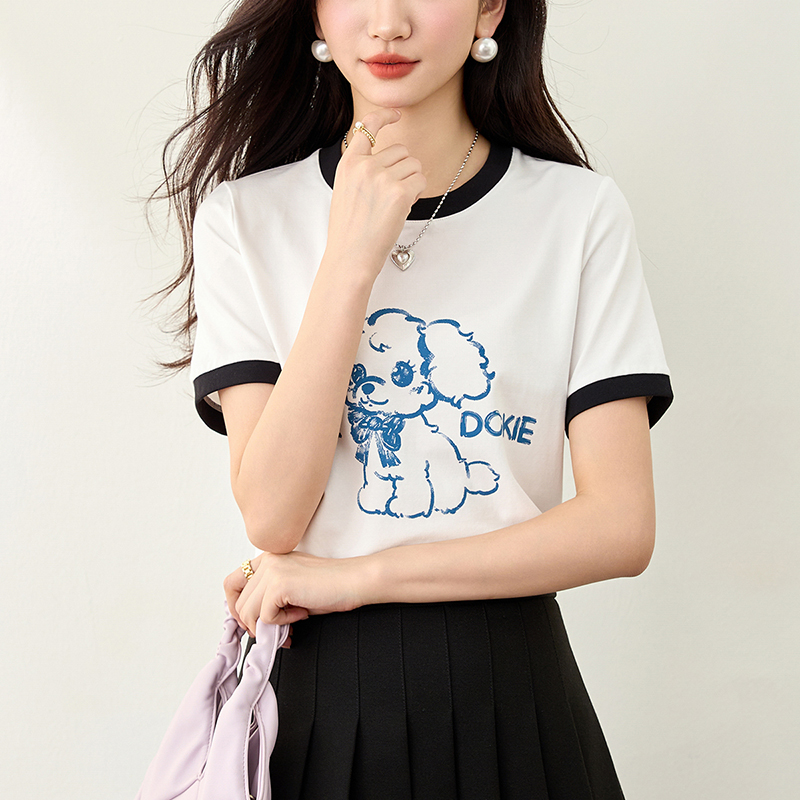 小狗印花撞色設計短袖T恤