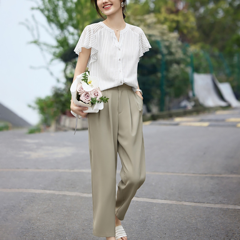 荷葉邊條紋短袖襯衫