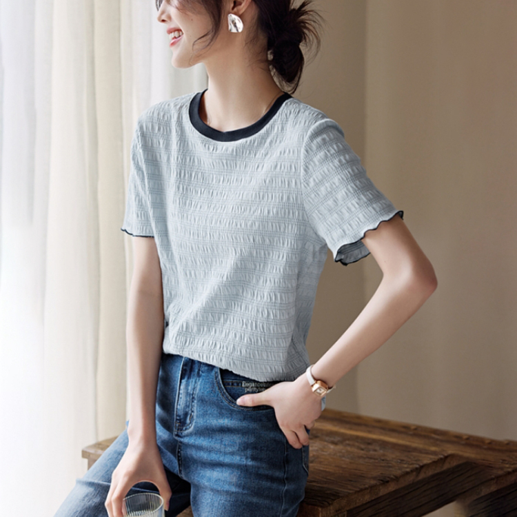 撞色拼接木耳袖邊肌理感T恤(2色)