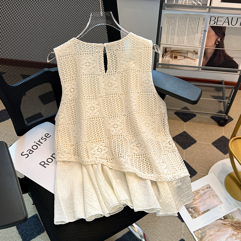 波西米亞風假兩件拼接鏤空短袖/無袖小衫