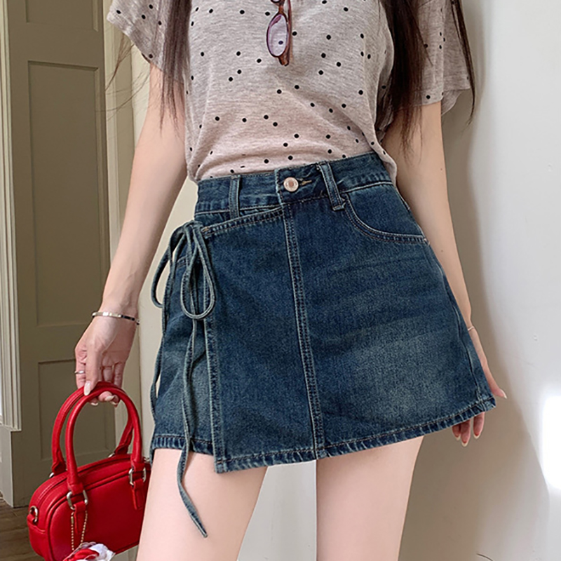 高腰不規則設計綁帶假兩件牛仔短裙褲(2色)