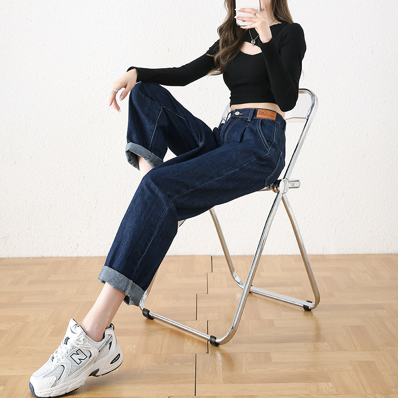 【S－5XL】高腰顯瘦鬆緊腰直筒九分牛仔褲