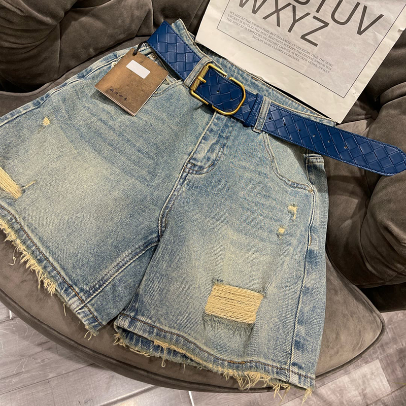 破洞高腰顯瘦彈性寬鬆牛仔短褲