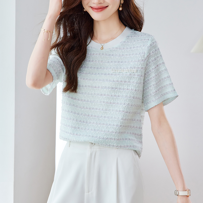 簡約圓領正肩小香風針織短袖T恤(2色)