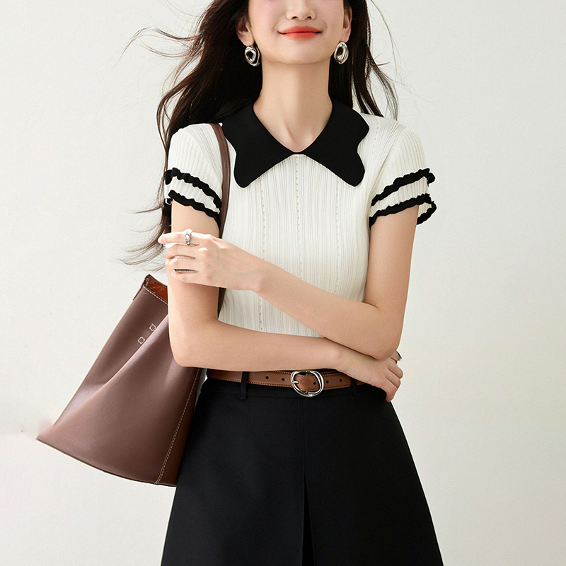 百搭薄款翻領亞麻短袖針織衫