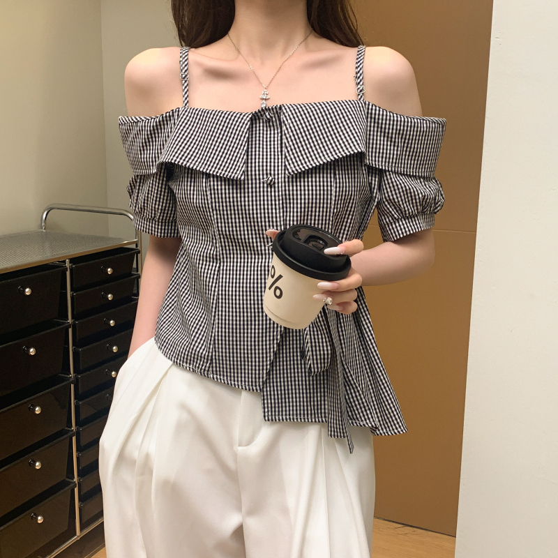 韓系一字肩不規則吊帶短袖襯衫(3色)