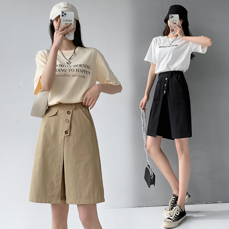 大碼高腰多扣洗水棉五分褲(2色)