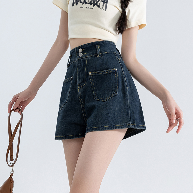 韓系高腰兩粒扣闊腿牛仔短褲