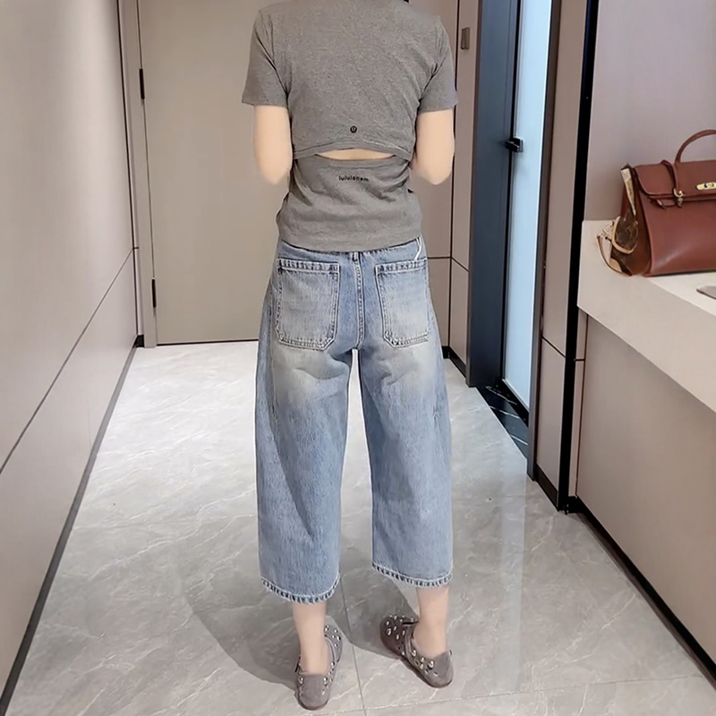 夏季新款高腰直筒闊腳八分牛仔褲