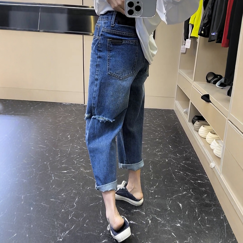 法式高腰九分破洞牛仔褲