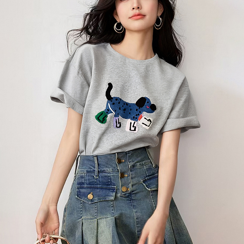 新款小狗印花寬鬆短袖T恤