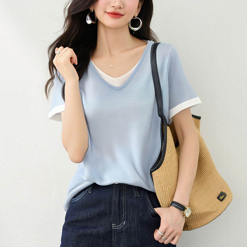 正肩拼色假兩件針織短袖T恤(2色)