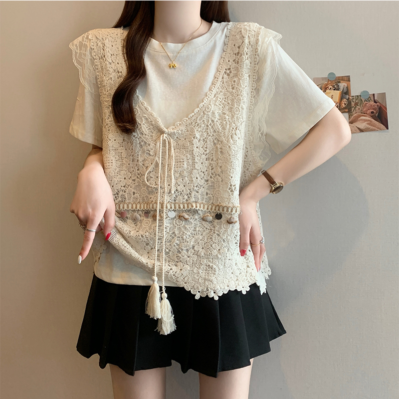 時尚鏤空針織短袖T恤兩件套裝