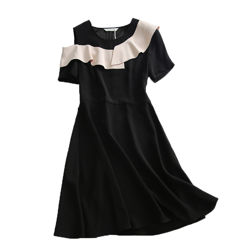 拼色荷葉邊單邊露肩連身裙