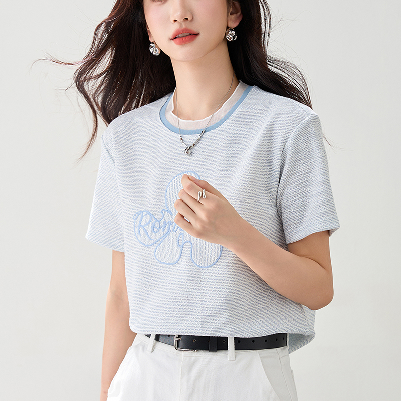 蕾絲拼接領刺綉小清新短袖T恤