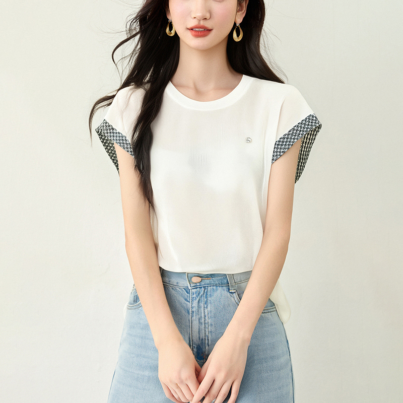 圓領拼色刺綉針織T恤(2色)