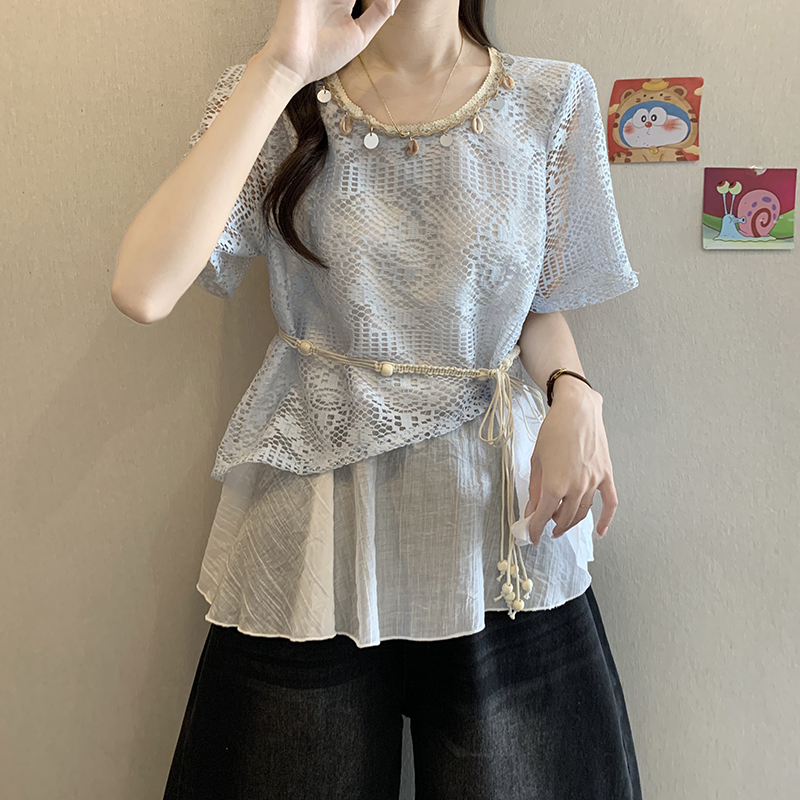 時尚鏤空假兩件短袖小衫(2色)