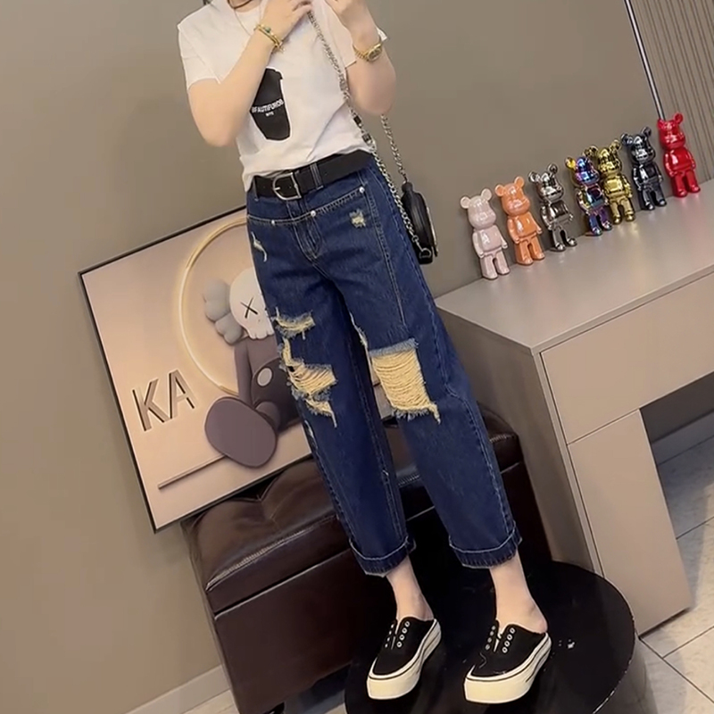 高腰九分破洞直筒牛仔褲