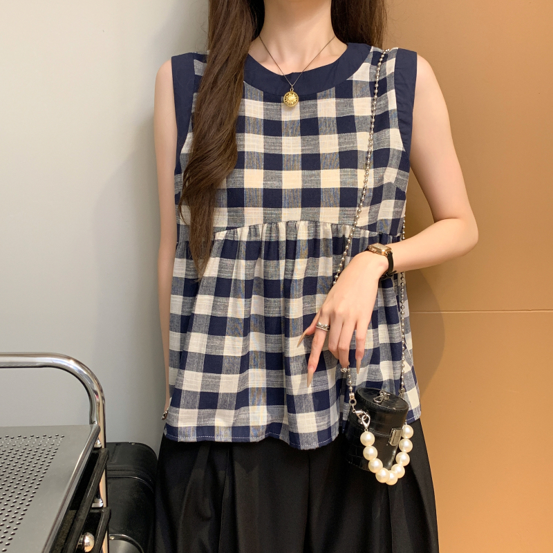 日系格紋撞色無袖背心娃娃衫(2色)