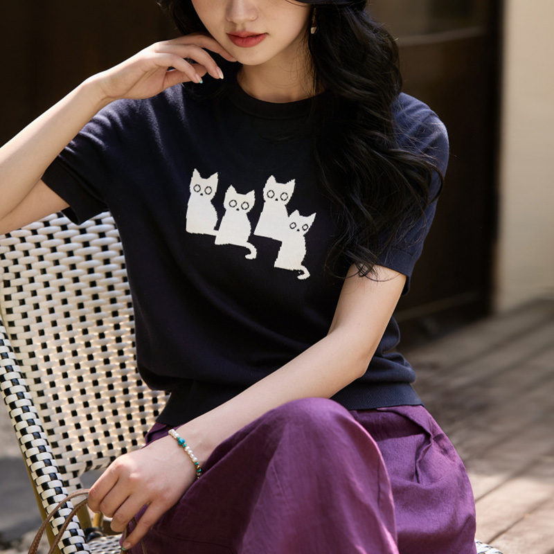 可愛貓咪圖案短袖針織T恤(2色)