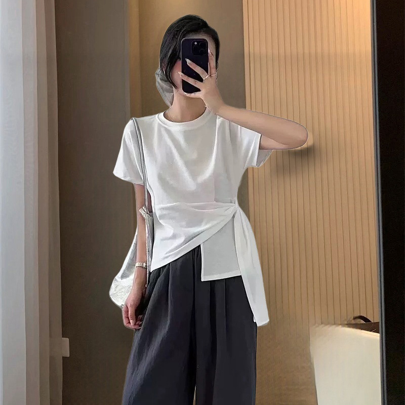 韓系交叉綁帶收腰設計不規則T恤(2色)