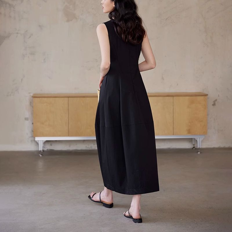 法式圓領拼收腰無袖連身裙(2色)