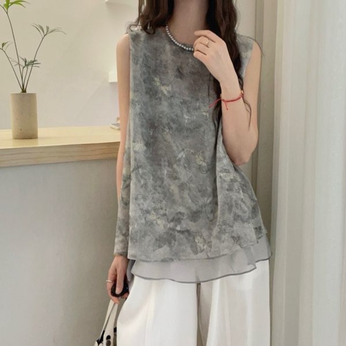 網紗拼接假兩件印花無袖襯衫