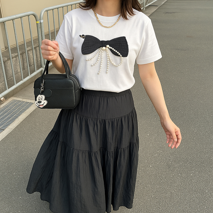日系蝴蝶結珠鏈裝飾棉T恤(2色)