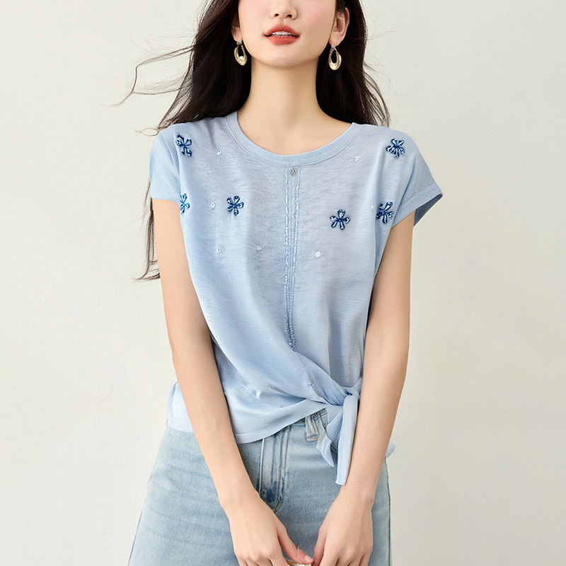 釘珠側邊綁帶設計小飛袖針織T恤(3色)