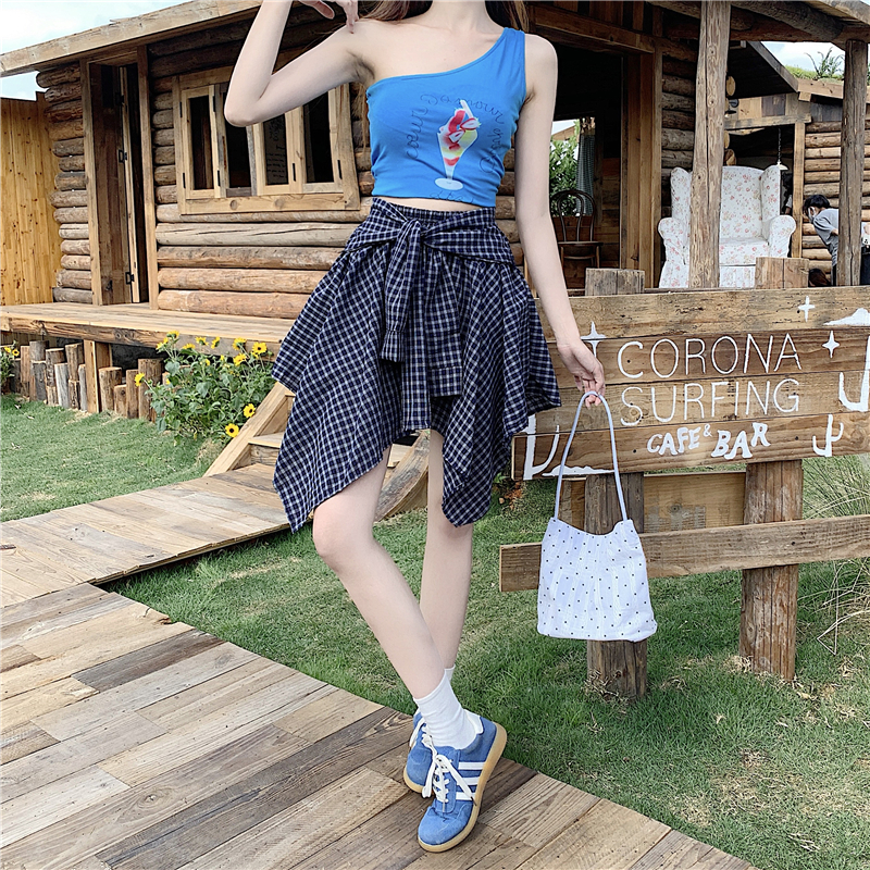 假兩件綁帶格紋不規則短裙