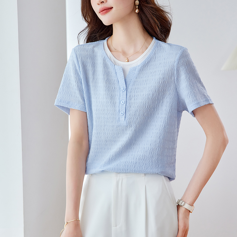 優雅假兩件拼接肌理短袖T恤