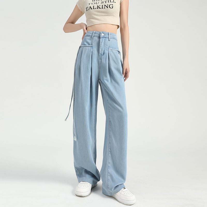 慵懶舒適高腰抽繩薄款牛仔褲