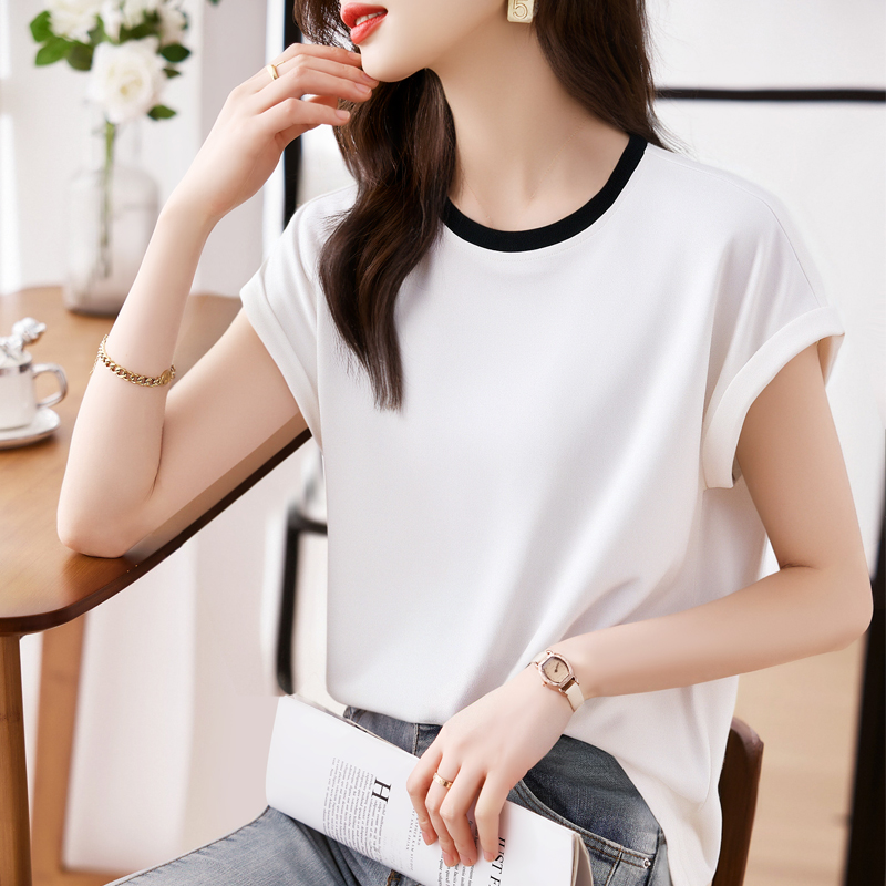 優雅圓領拼接短袖T恤(2色)