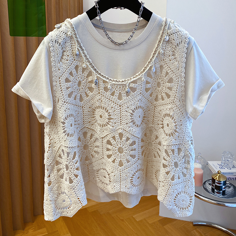 新款針織鏤空馬甲圓領短袖