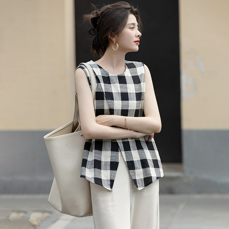 復古格紋交叉圓領無袖襯衫