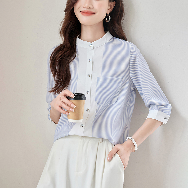 優雅立領條紋七分袖襯衫