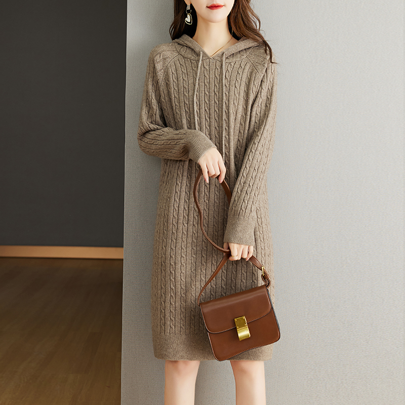 麻花紋路連帽中長款休閒針織連身裙(4色)