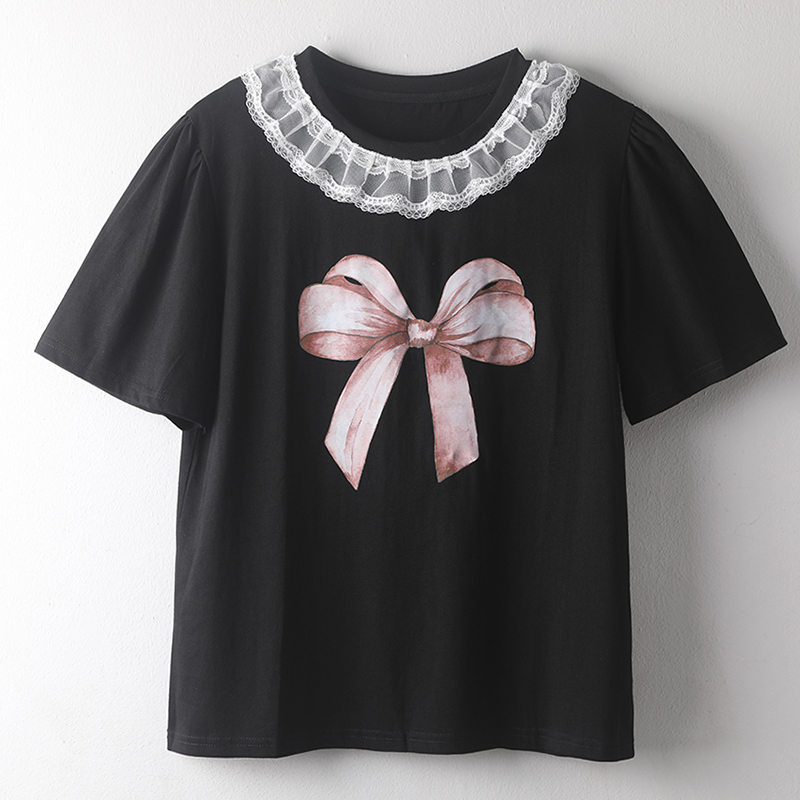 時尚圓領拼接蕾絲短袖T恤(2色)