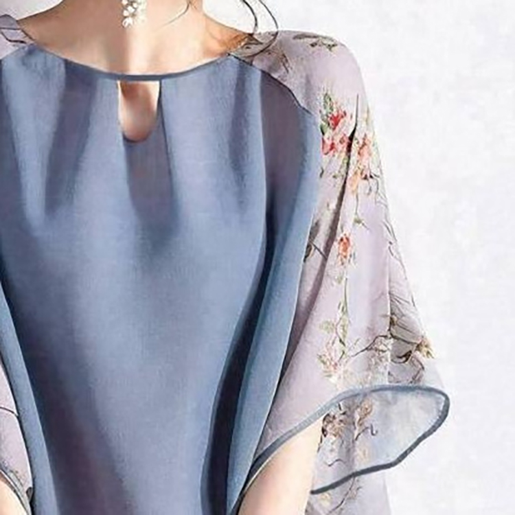 日系圓領鏤空印花拼接中袖小衫