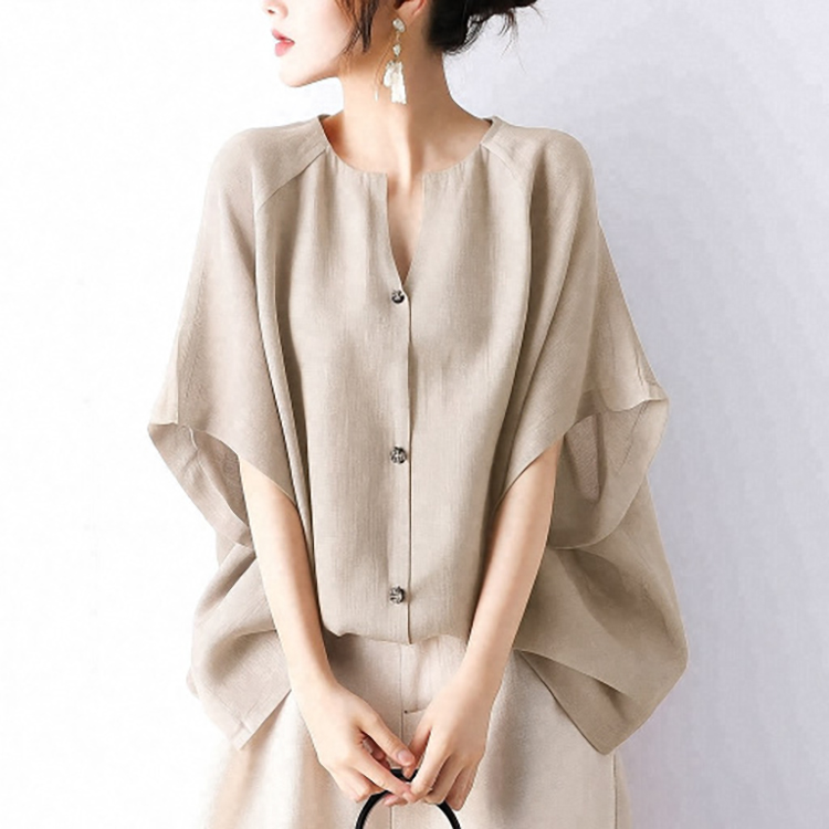 日系V領係扣中袖小衫(3色)