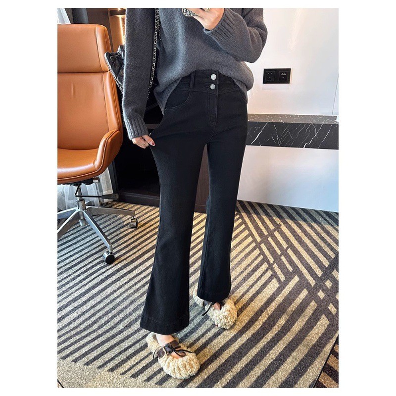 彈性微喇叭高腰顯瘦九分牛仔褲(2色)