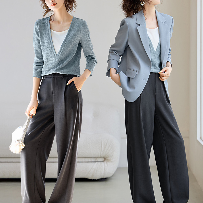 V領撞色假兩件拼接長袖T恤(2色)